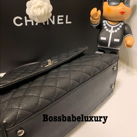 Auth Chanel Paris Coco top handle grained caviar classic black flap shoulder bag - Picture 3 of 8